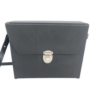 Vintage Black Faux Leather Structured Push Lock Binoculars Crossbody Case Bag